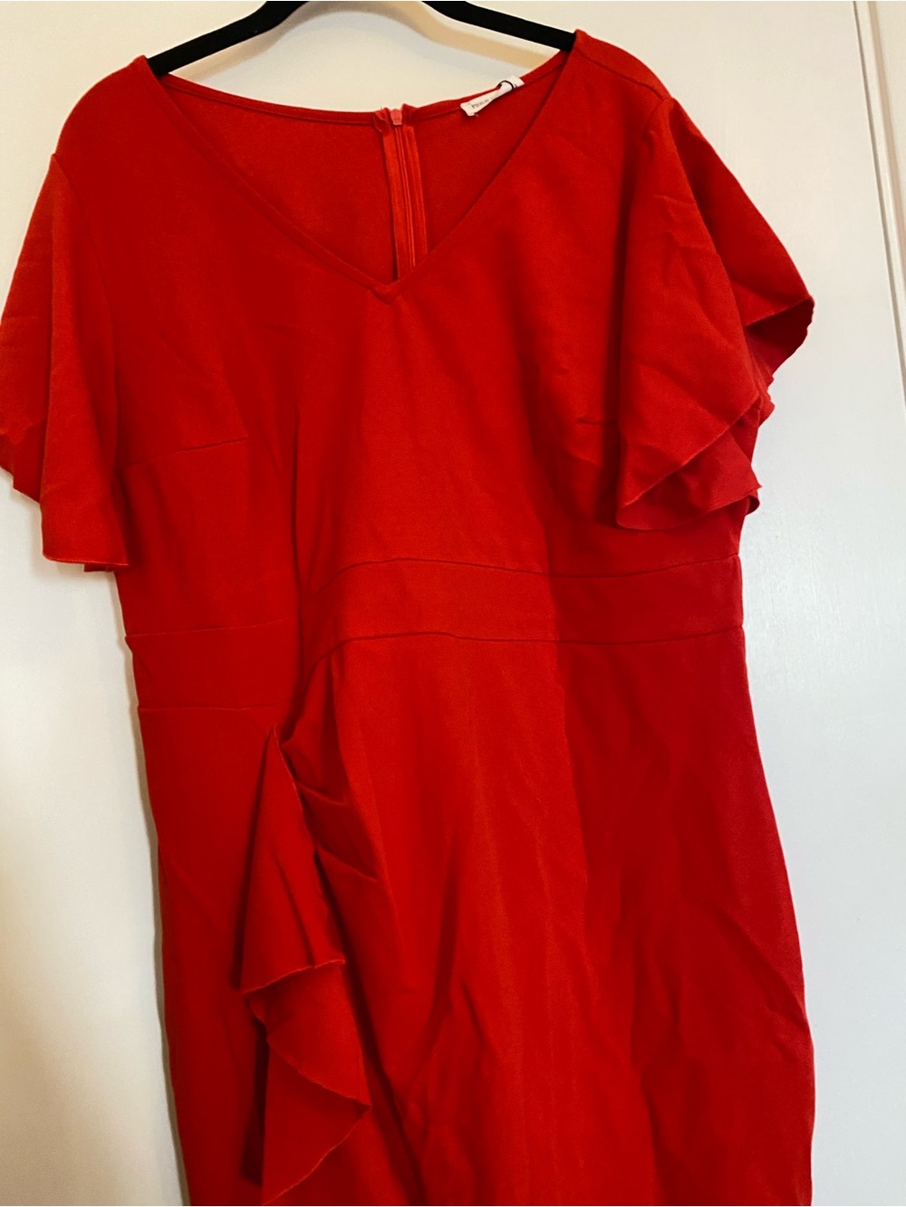 Red Ruffle V-Neck Midi Dress - Picture 2 of 5